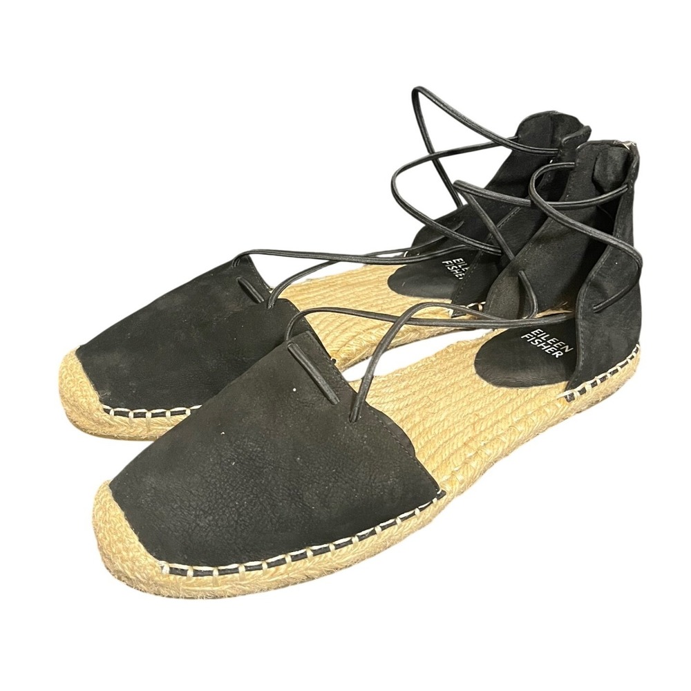 Eileen Fisher Espadrille Sandals Womens 9‎ Black Lace Up Suede Back Zip Flat
